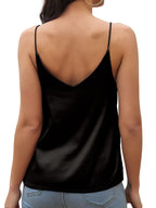 Morydal Womens Silk Satin Camisole Tank Tops Cami Plain Strappy Vest Top T-shirt Blouse Tank Shirt V-Neck Spaghetti Strap Black - Zeta Store