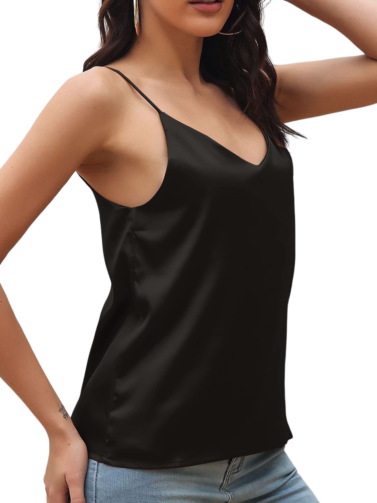 Morydal Womens Silk Satin Camisole Tank Tops Cami Plain Strappy Vest Top T-shirt Blouse Tank Shirt V-Neck Spaghetti Strap Black - Zeta Store