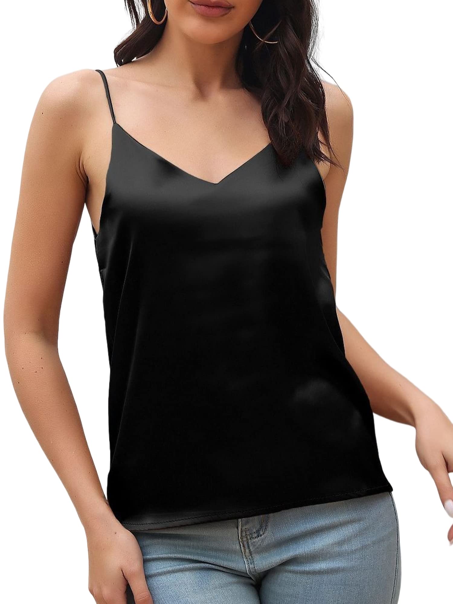 Morydal Womens Silk Satin Camisole Tank Tops Cami Plain Strappy Vest Top T-shirt Blouse Tank Shirt V-Neck Spaghetti Strap Black - Zeta Store