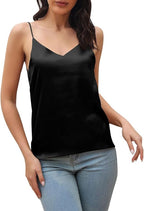 Morydal Womens Silk Satin Camisole Tank Tops Cami Plain Strappy Vest Top T-shirt Blouse Tank Shirt V-Neck Spaghetti Strap Black - Zeta Store