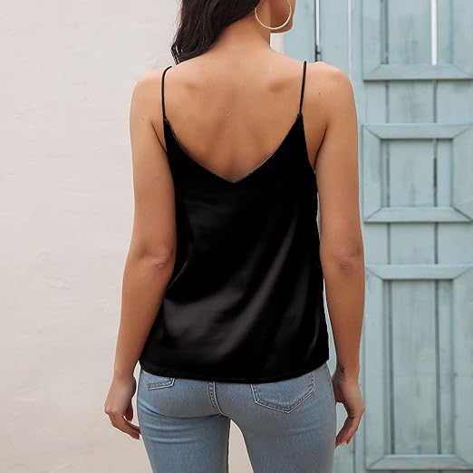 Morydal Womens Silk Satin Camisole Tank Tops Cami Plain Strappy Vest Top T-shirt Blouse Tank Shirt V-Neck Spaghetti Strap Black - Zeta Store