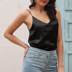 Morydal Womens Silk Satin Camisole Tank Tops Cami Plain Strappy Vest Top T-shirt Blouse Tank Shirt V-Neck Spaghetti Strap Black - Zeta Store