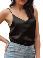 Morydal Womens Silk Satin Camisole Tank Tops Cami Plain Strappy Vest Top T-shirt Blouse Tank Shirt V-Neck Spaghetti Strap Black - Zeta Store