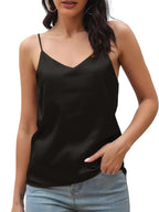 Morydal Womens Silk Satin Camisole Tank Tops Cami Plain Strappy Vest Top T-shirt Blouse Tank Shirt V-Neck Spaghetti Strap Black - Zeta Store