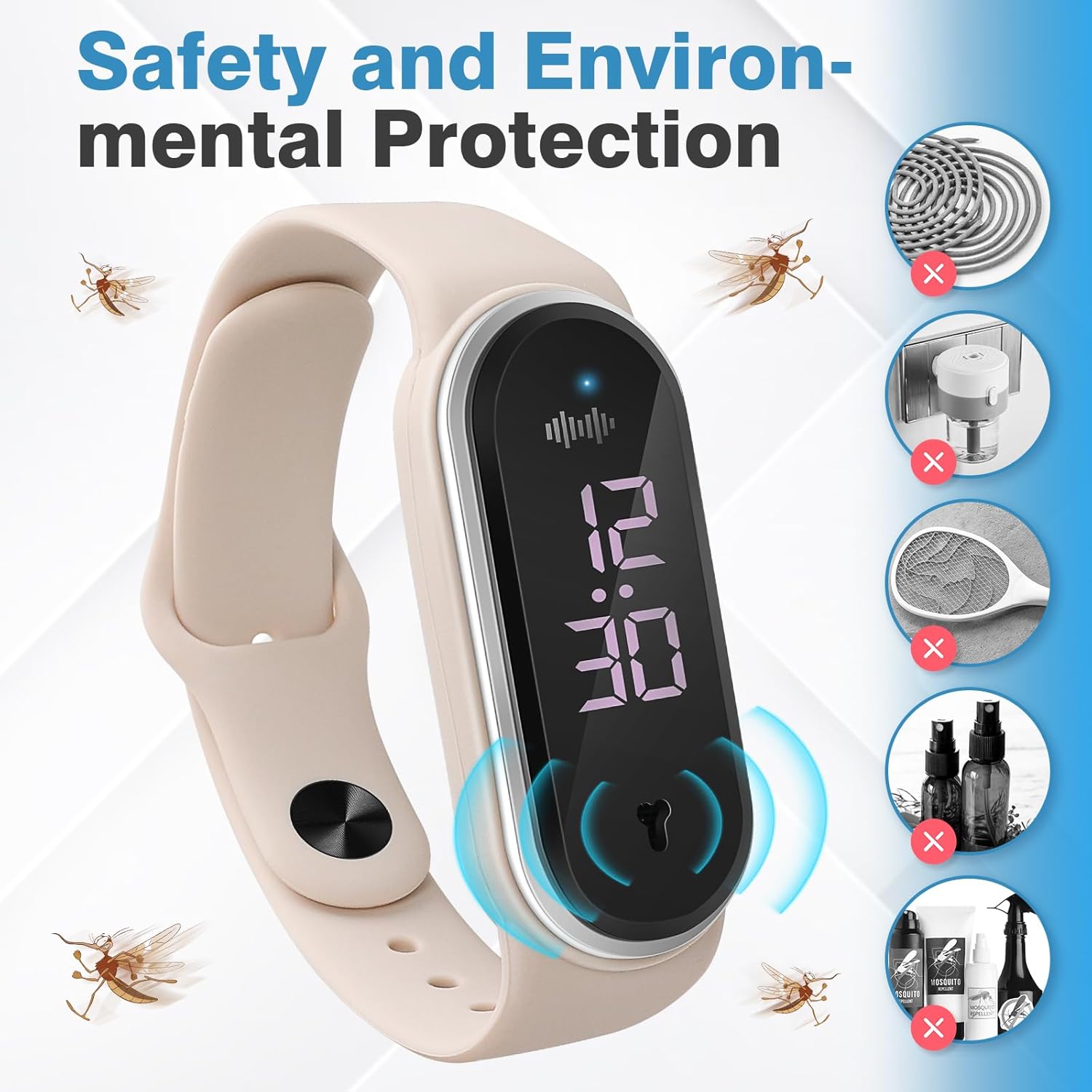 Ultrasonic Mosquito Repellent Bracelet – LED Clock, Thermometer & Step Counter | 3 Modes, 7-Day Battery, Adjustable & Waterproof - Zeta Store