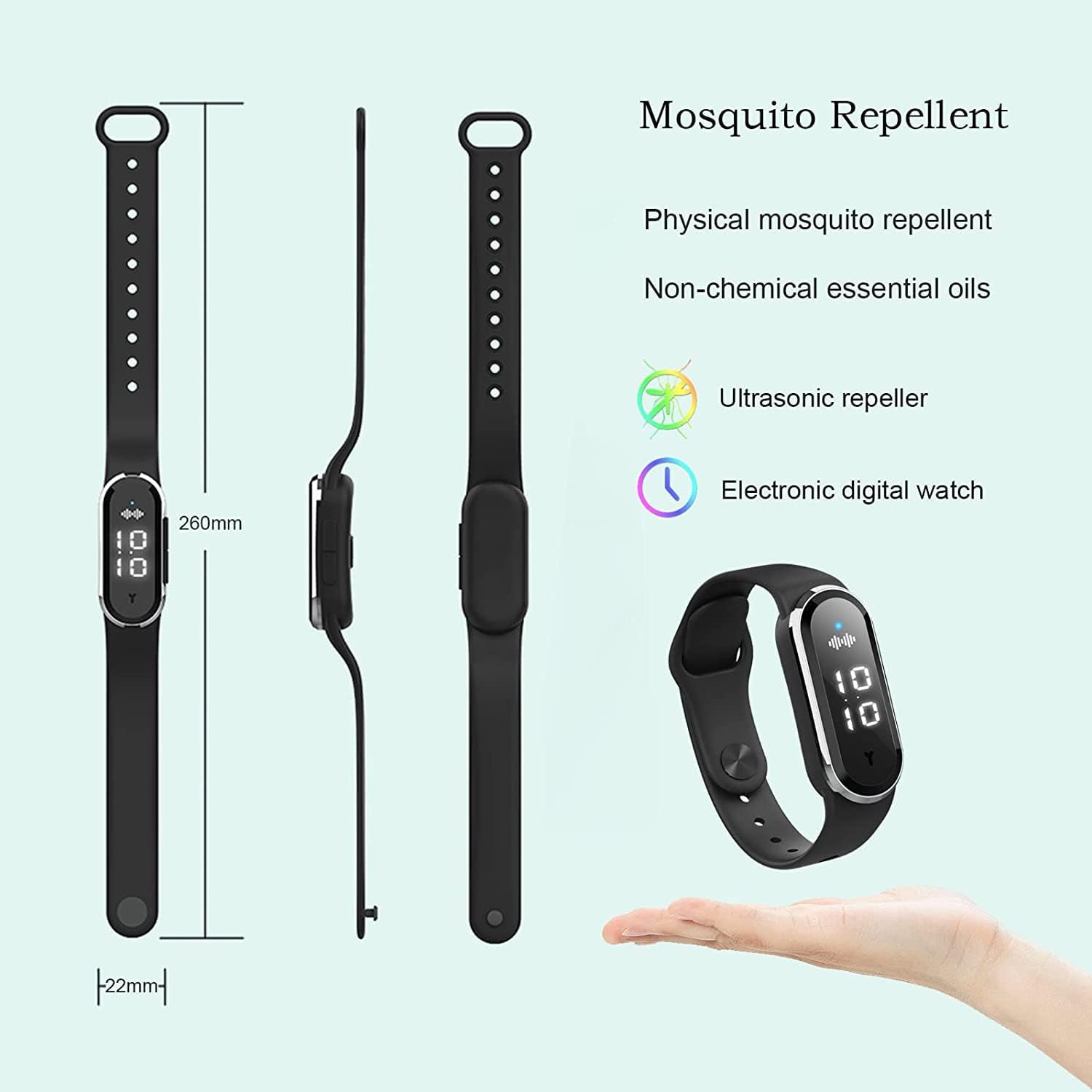 Ultrasonic Mosquito Repellent Bracelet – LED Clock, Thermometer & Step Counter | 3 Modes, 7-Day Battery, Adjustable & Waterproof - Zeta Store