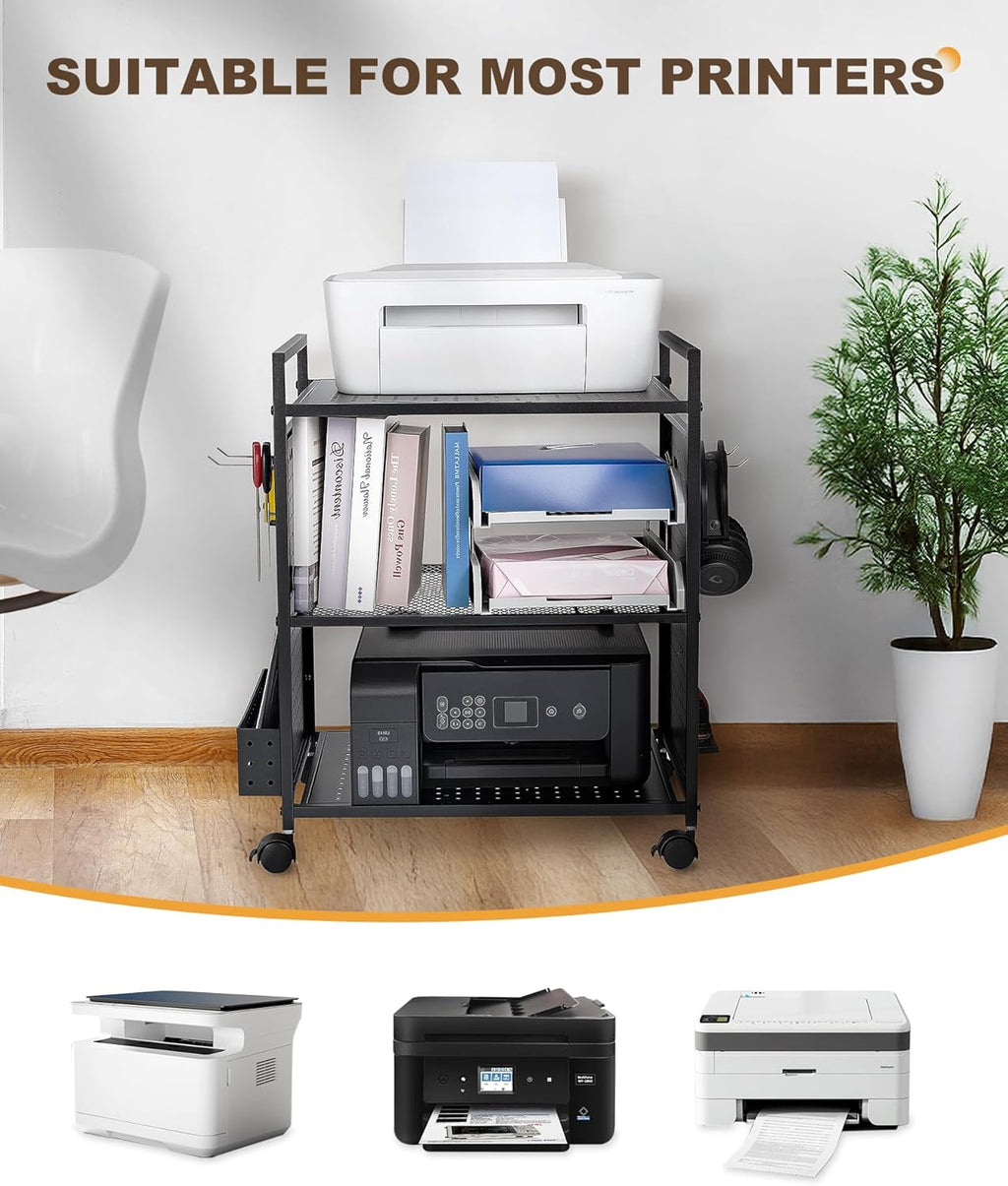 Mythinglogic 3-Tier Rolling Printer Stand | Adjustable Height Cart | Lockable Wheels 🖨️ | Metal Organizer for Office, Kitchen & Gaming | BLACK