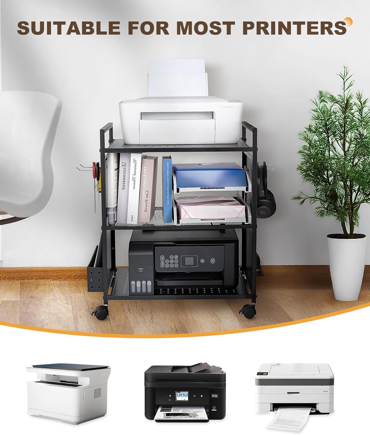 Mythinglogic 3-Tier Rolling Printer Stand | Adjustable Height Cart | Lockable Wheels 🖨️ | Metal Organizer for Office, Kitchen & Gaming | BLACK