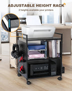 Mythinglogic 3-Tier Rolling Printer Stand | Adjustable Height Cart | Lockable Wheels 🖨️ | Metal Organizer for Office, Kitchen & Gaming | BLACK
