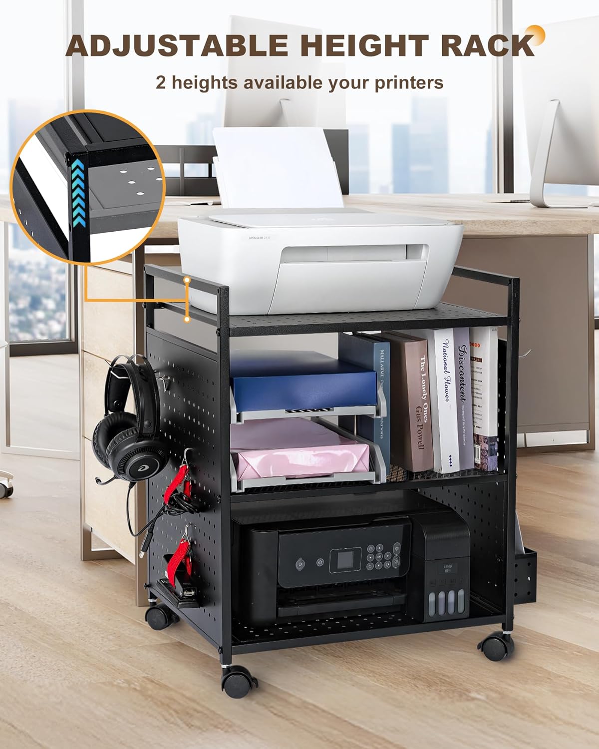 Mythinglogic 3-Tier Rolling Printer Stand | Adjustable Height Cart | Lockable Wheels 🖨️ | Metal Organizer for Office, Kitchen & Gaming | BLACK