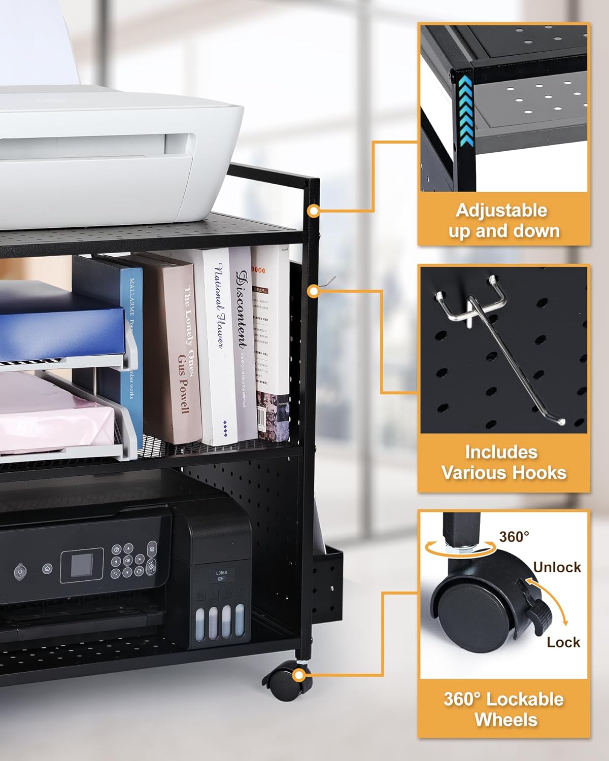 Mythinglogic 3-Tier Rolling Printer Stand | Adjustable Height Cart | Lockable Wheels 🖨️ | Metal Organizer for Office, Kitchen & Gaming | BLACK