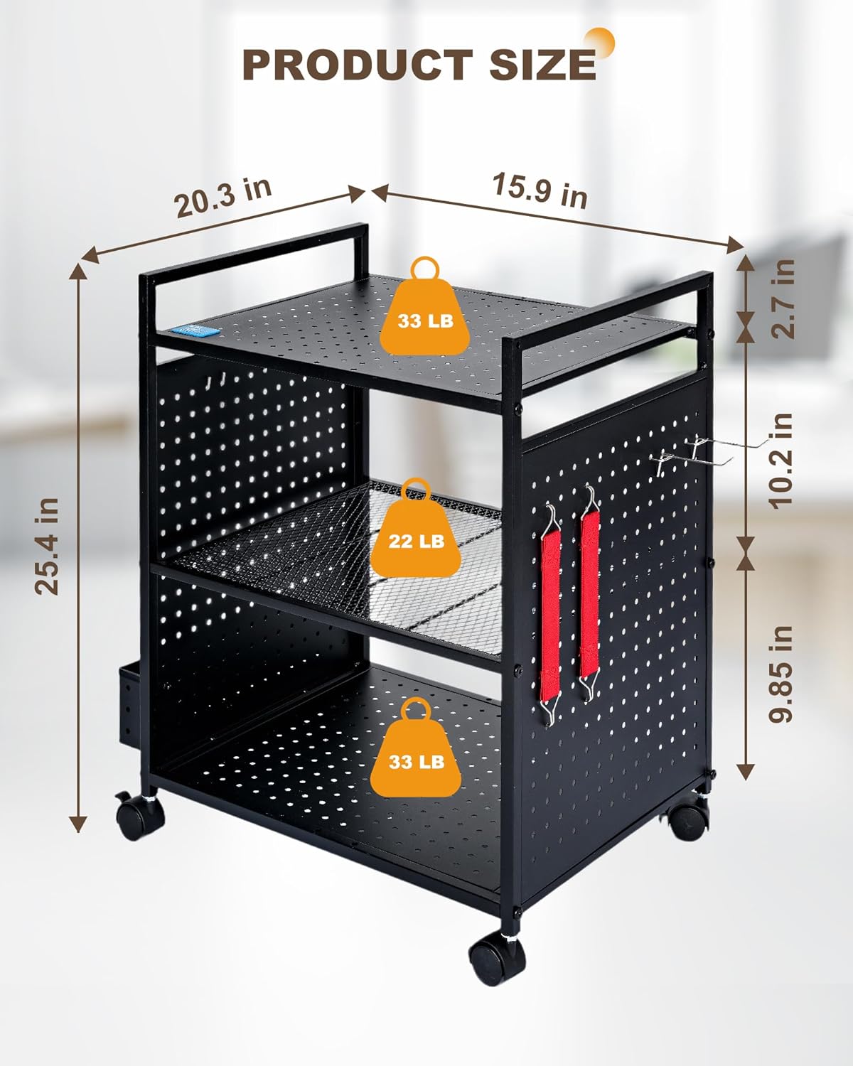 Mythinglogic 3-Tier Rolling Printer Stand | Adjustable Height Cart | Lockable Wheels 🖨️ | Metal Organizer for Office, Kitchen & Gaming | BLACK