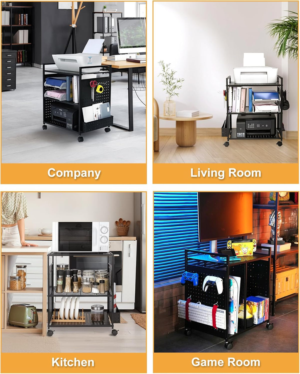 Mythinglogic 3-Tier Rolling Printer Stand | Adjustable Height Cart | Lockable Wheels 🖨️ | Metal Organizer for Office, Kitchen & Gaming | BLACK