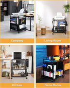 Mythinglogic 3-Tier Rolling Printer Stand | Adjustable Height Cart | Lockable Wheels 🖨️ | Metal Organizer for Office, Kitchen & Gaming | BLACK