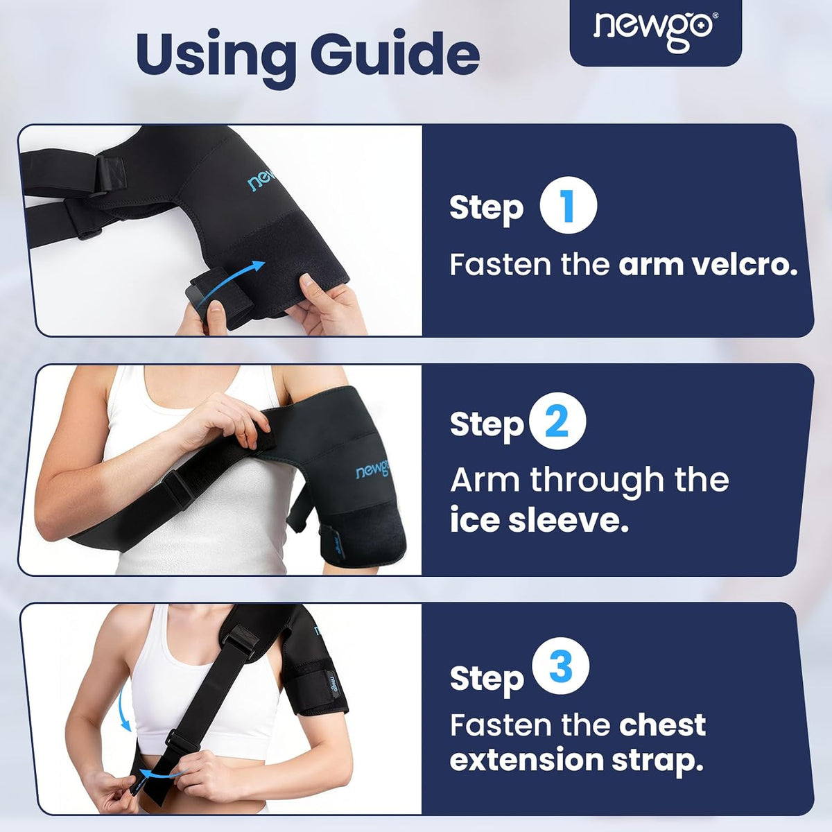 NEWGO shoulder ice pack wrap in black, size L, for hot and cold therapy, rotator cuff, tendonitis, and frozen shoulder relief.