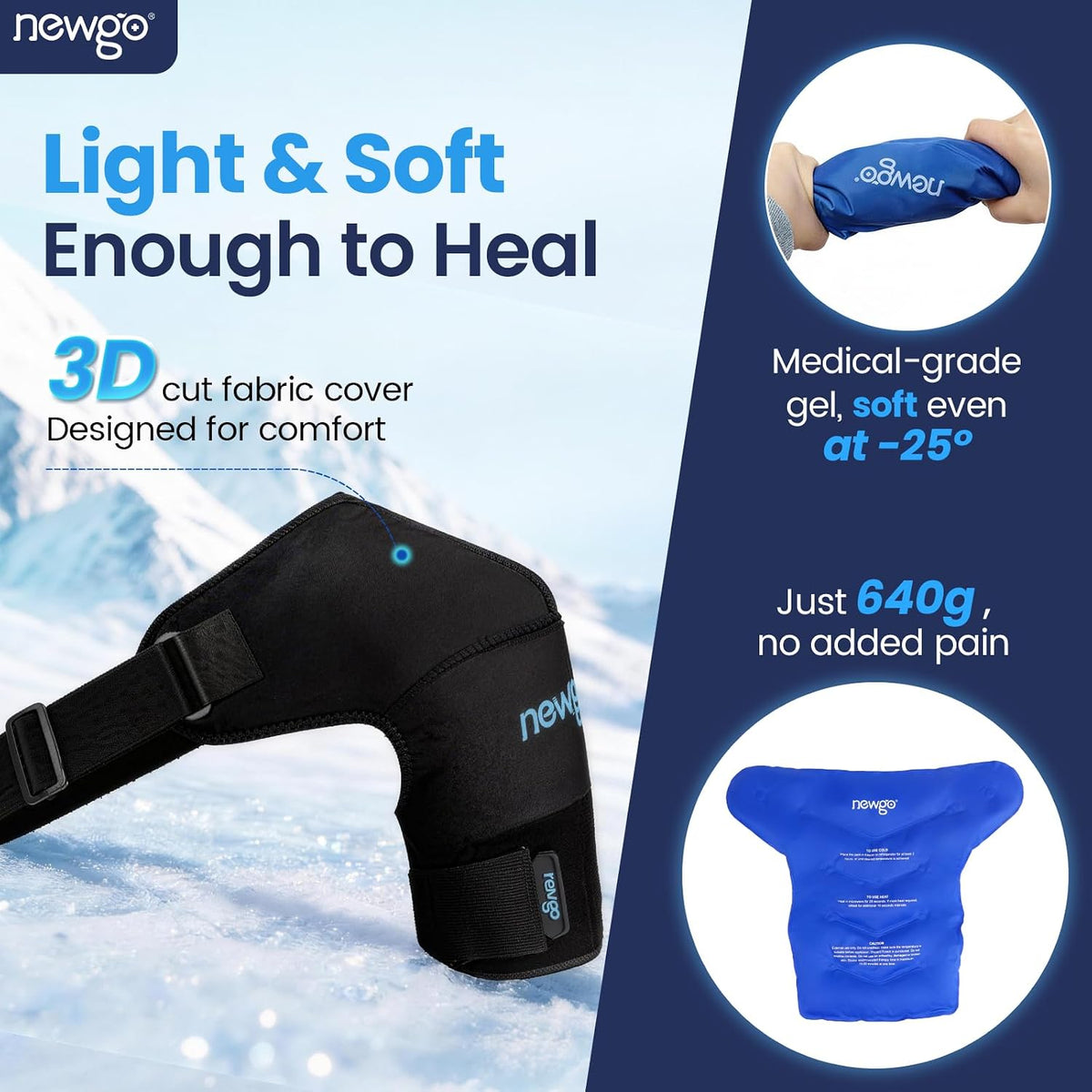 NEWGO Size L shoulder ice pack wrap with gel for hot cold therapy, designed for rotator cuff, tendonitis, and frozen shoulder.