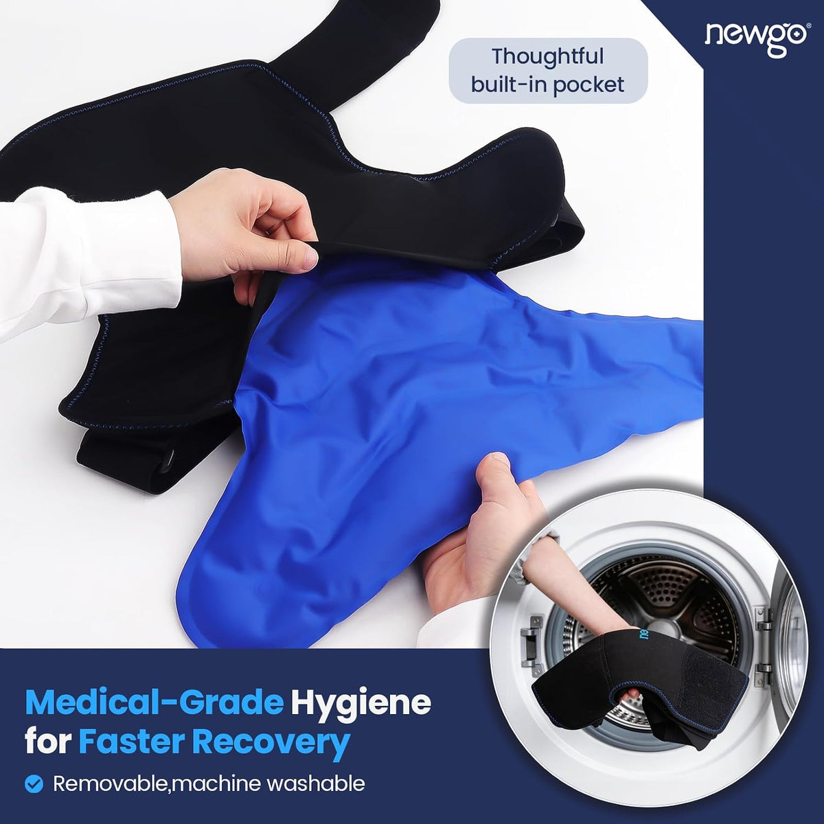 NEWGO shoulder ice pack wrap in size L, black, with gel pad for hot and cold therapy for rotator cuff and shoulder pain relief.
