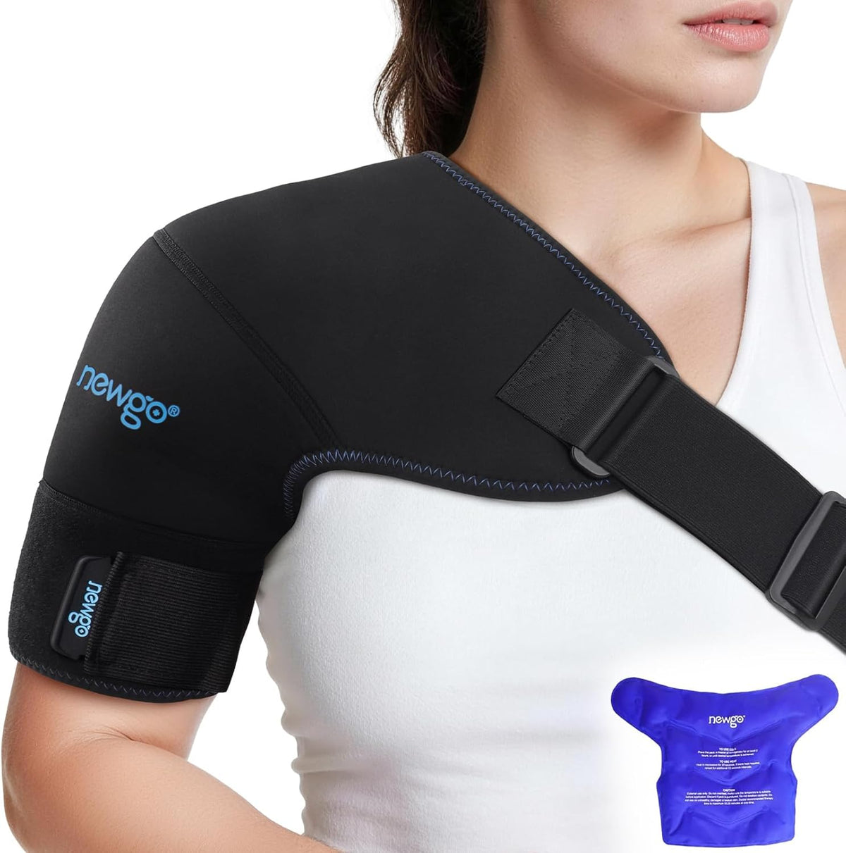 NEWGO size L shoulder ice pack wrap with gel for hot and cold therapy, black compression brace for rotator cuff and shoulder pain.