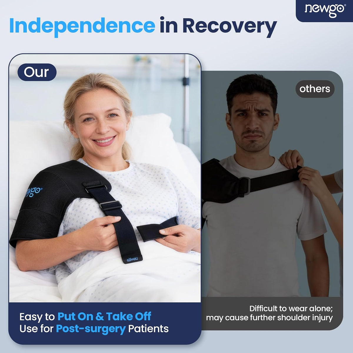 NEWGO shoulder ice pack wrap in black, size L, with gel for hot and cold therapy, designed for rotator cuff and shoulder pain relief