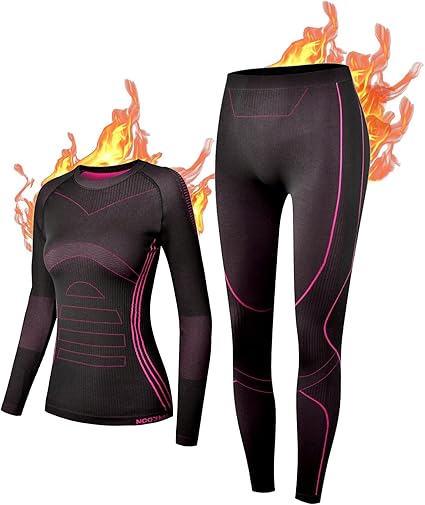 NOOYME women's thermal base layer set in black-rose-red, fleece-lined, quick-dry, anti-bacterial leggings for winter sports and skiing.