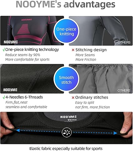 NOOYME women's thermal base layer set in black-rose, fleece-lined, quick-dry, anti-bacterial ski leggings in XL for winter sports.