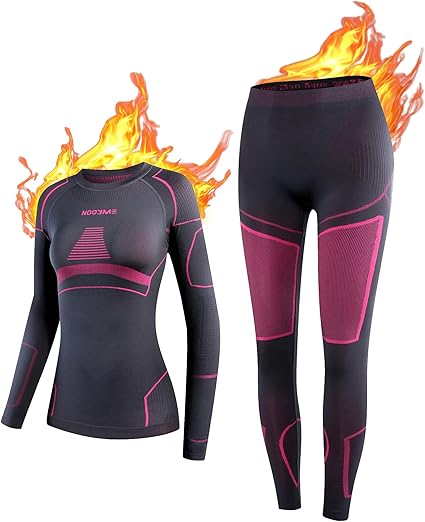 NOOYME women's thermal base layer set in black-rose with fleece lining, quick-dry, anti-bacterial ski and winter sports leggings, size XL.
