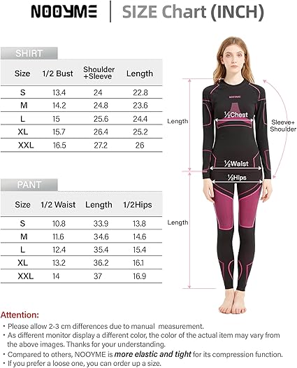 NOOYME women's thermal base layer set in black-rose, fleece-lined, quick-dry, anti-bacterial leggings for winter sports and skiing.