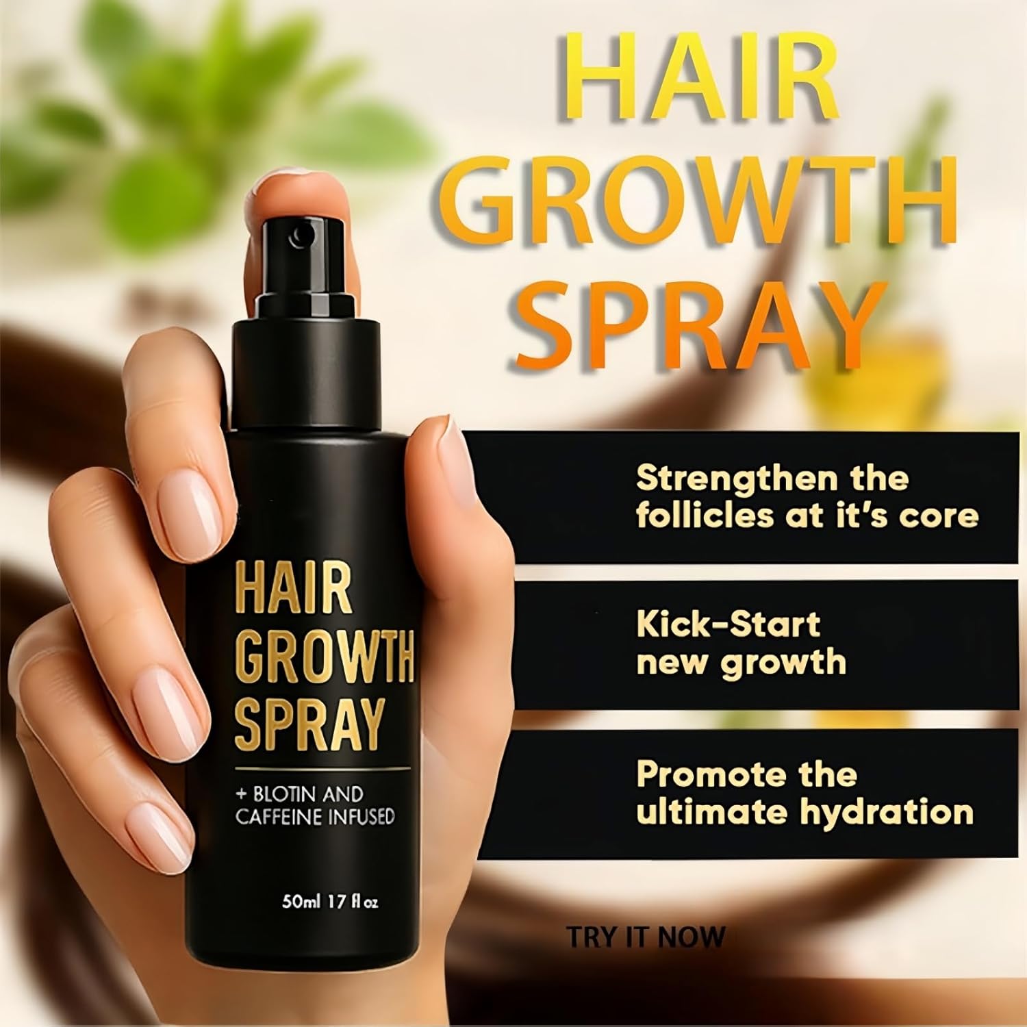 NVBFOL Hair Growth Spray with biotin and caffeine, a thickening treatment for thinning hair in a 50ml bottle.