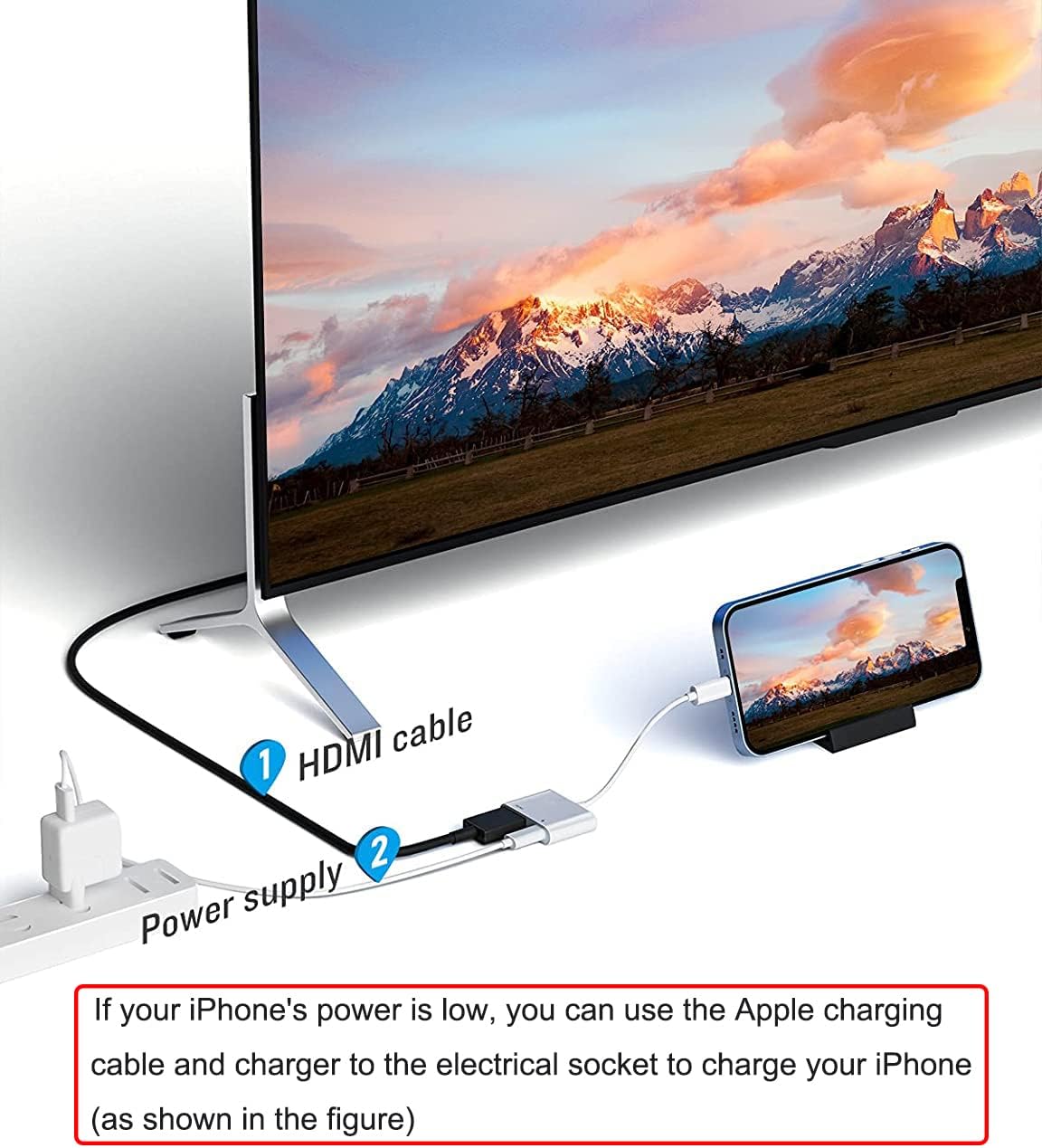 Naiyal Apple MFi certified Lightning to HDMI adapter showing connected iPhone to TV with charging port and HDMI cable, 1080P display.