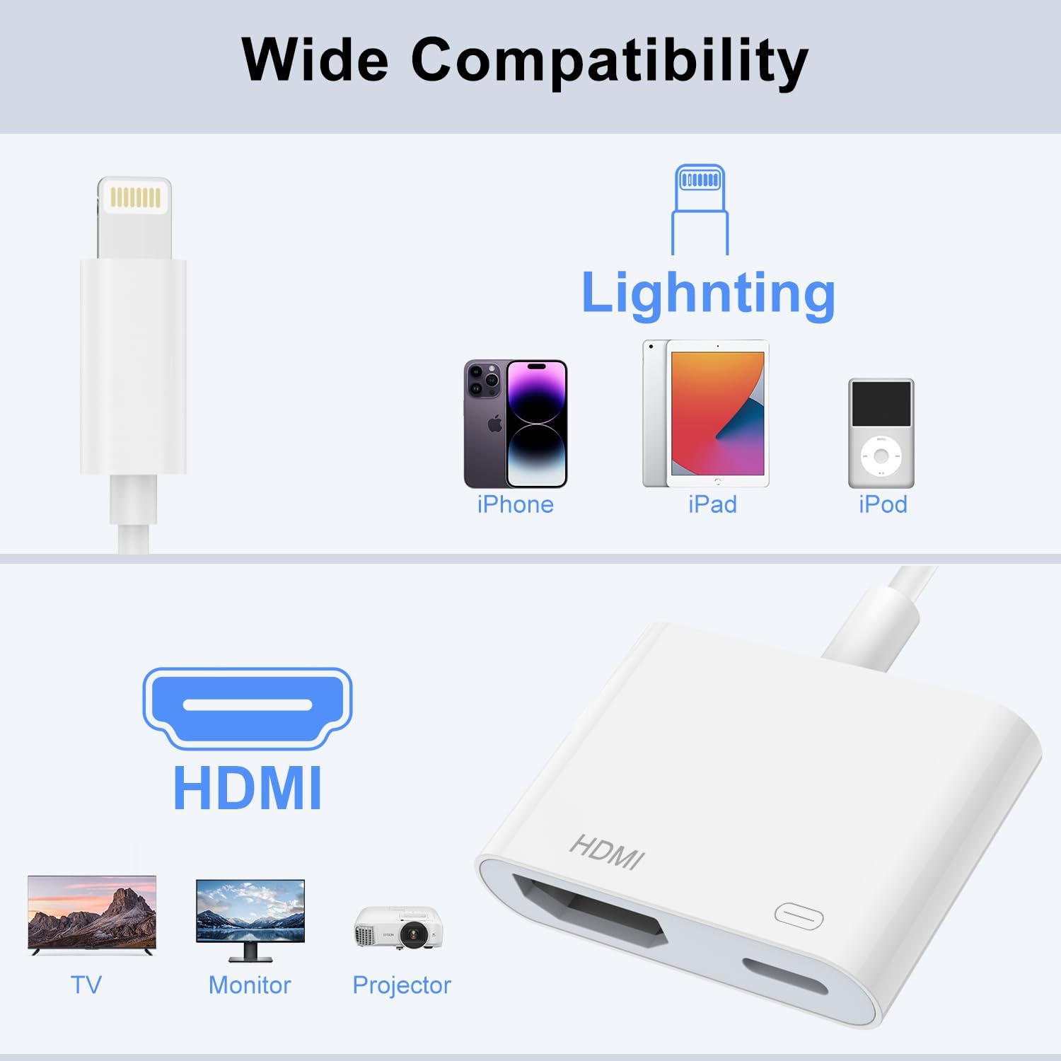 Naiyal Apple MFi Certified Lightning to HDMI adapter with charging port, 1080P AV converter for iPhone and iPad to TV or projector.