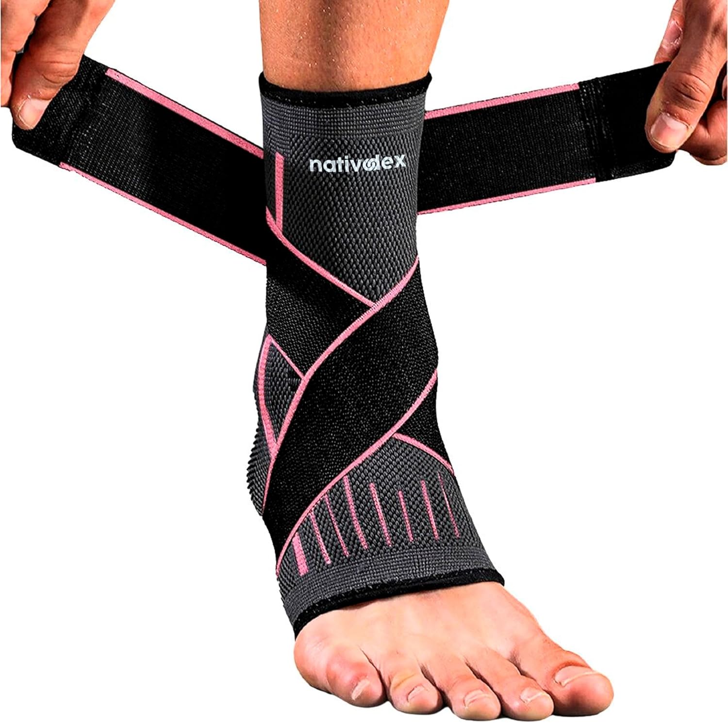 NativoDex Ankle Support Brace Size L (UK 6.5-9) - 3D Compression Ankle Brace for Sprained Ankle, Plantar Fasciitis, Achilles Tendonitis | Adjustable Figure-8 Strap | Left or Right Foot | Men & Women