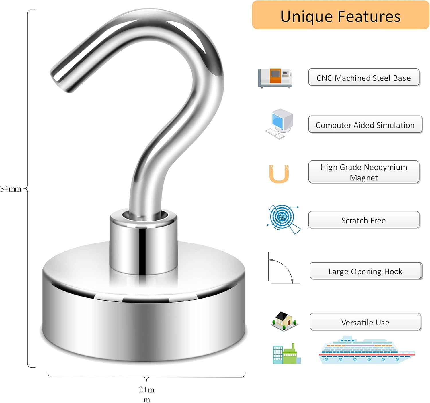 Neosmuk 34mm 41.5lb Heavy Duty Magnetic Hooks, Pack of 6 - Extra Strong Neodymium Magnets for Fridge, Kitchen, Garage & Workshop - Rust-Proof & Scratch-Free Metal Hook - DIY - Zeta Store
