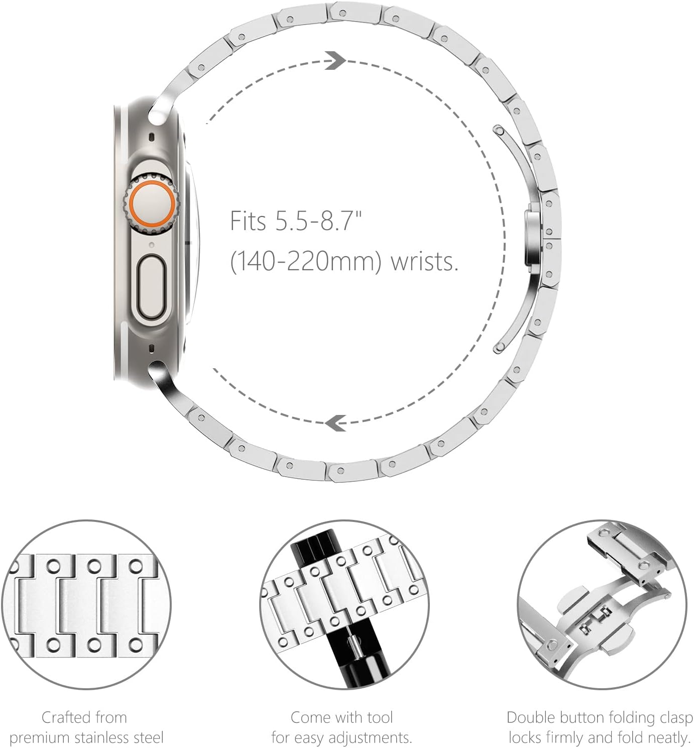 NEWWAYS Premium 316L Stainless Steel Link Bracelet Compatible with Apple Watch – Solid Metal Strap with Double Button Butterfly Clasp (Fits 42mm 44mm 45mm 46mm 49mm & Series 1-10, Ultra) - Zeta Store