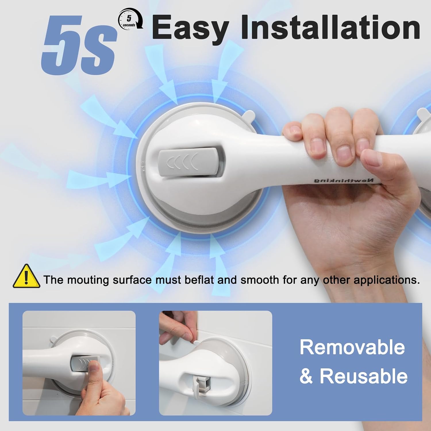 Suction Grab Rail | Portable Bathroom Safety Handle | No-Tools Installation | 55kg Support - Zeta Store