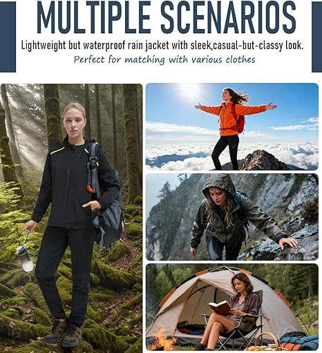 Ningmi women's lightweight waterproof rain jacket with hood, windbreaker style, suitable for hiking, travel, and outdoor adventures.