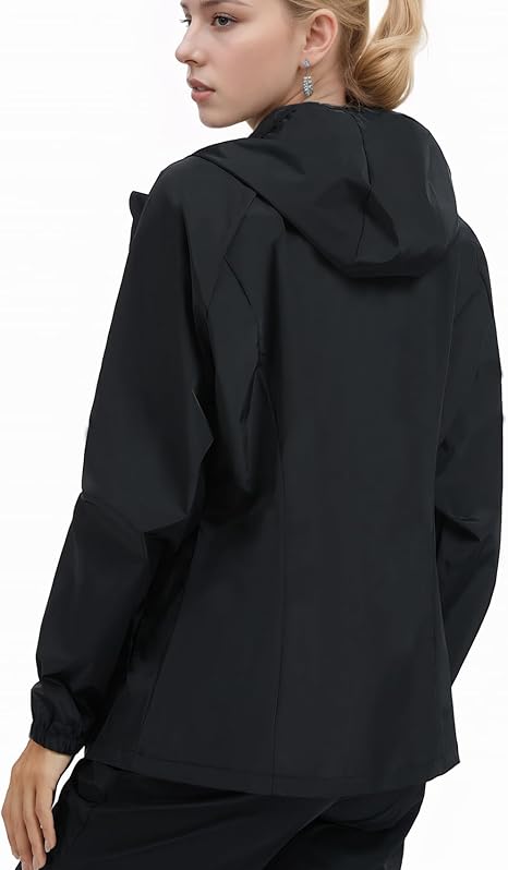 Ningmi women's lightweight waterproof rain jacket with hood, windbreaker style, suitable for hiking and outdoor travel in size L.