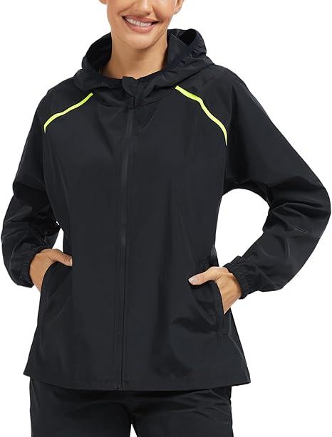Ningmi women's lightweight waterproof rain jacket with hood, windbreaker style, suitable for hiking, travel, and outdoor adventures.