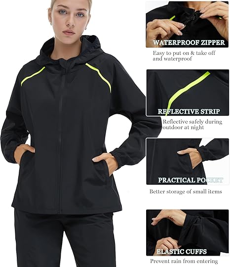 Ningmi women's lightweight waterproof rain jacket with hood, windbreaker style, suitable for hiking and outdoor adventures, size L.