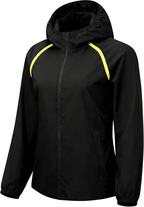 Ningmi women's lightweight waterproof rain jacket with hood, windbreaker style, ideal for hiking and outdoor adventures, size L.