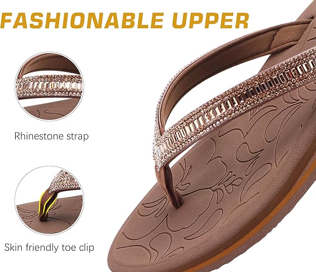 Sparkling Summer Comfort! Women's Rhinestone Flip Flops with Yoga Mat Footbed – Arch Support & Non-Slip - Zeta Store