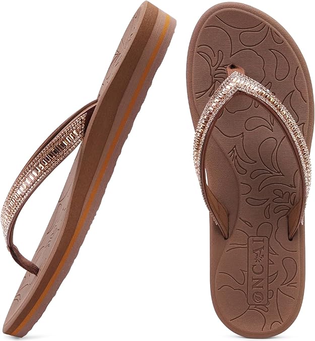 Sparkling Summer Comfort! Women's Rhinestone Flip Flops with Yoga Mat Footbed – Arch Support & Non-Slip - Zeta Store