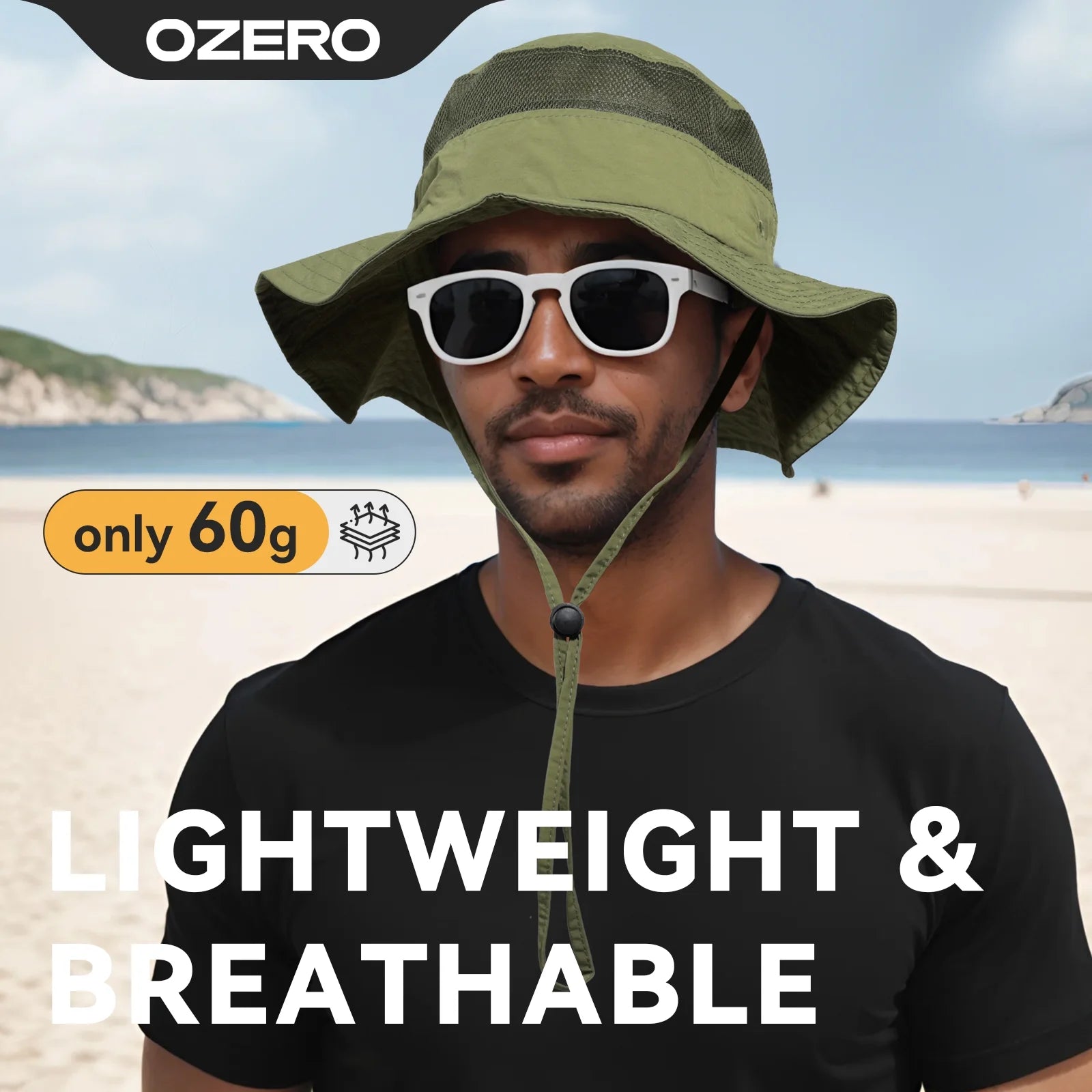 OZERO UPF 50+ sun hat in green with wide brim, lightweight and breathable design for hiking, fishing, and beach activities