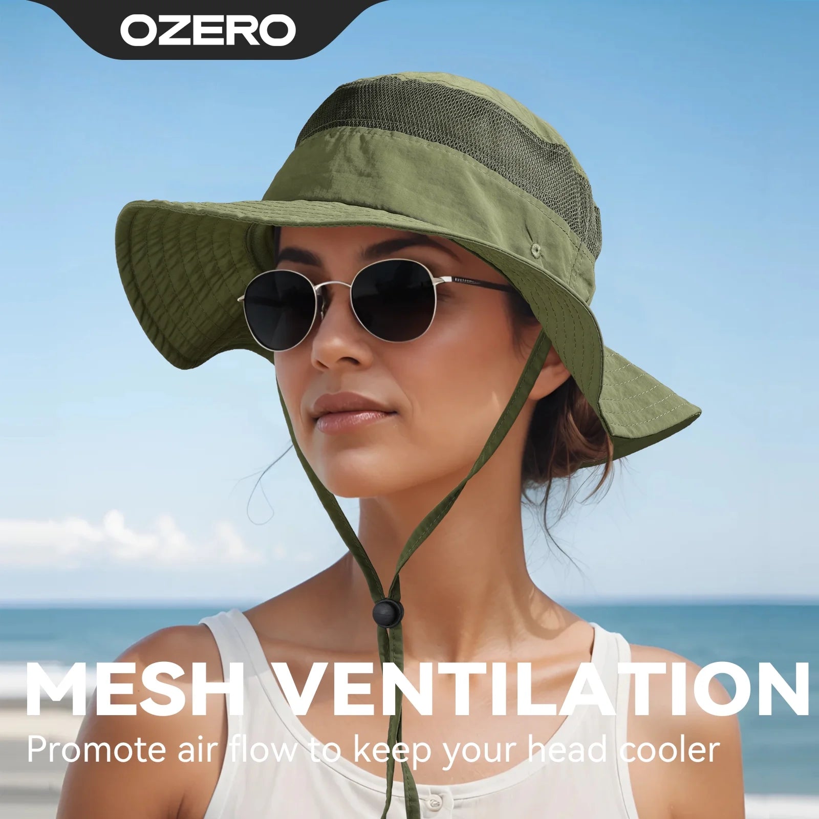 OZERO UPF 50+ sun hat with wide brim, lightweight and breathable for hiking, fishing, and beach activities.