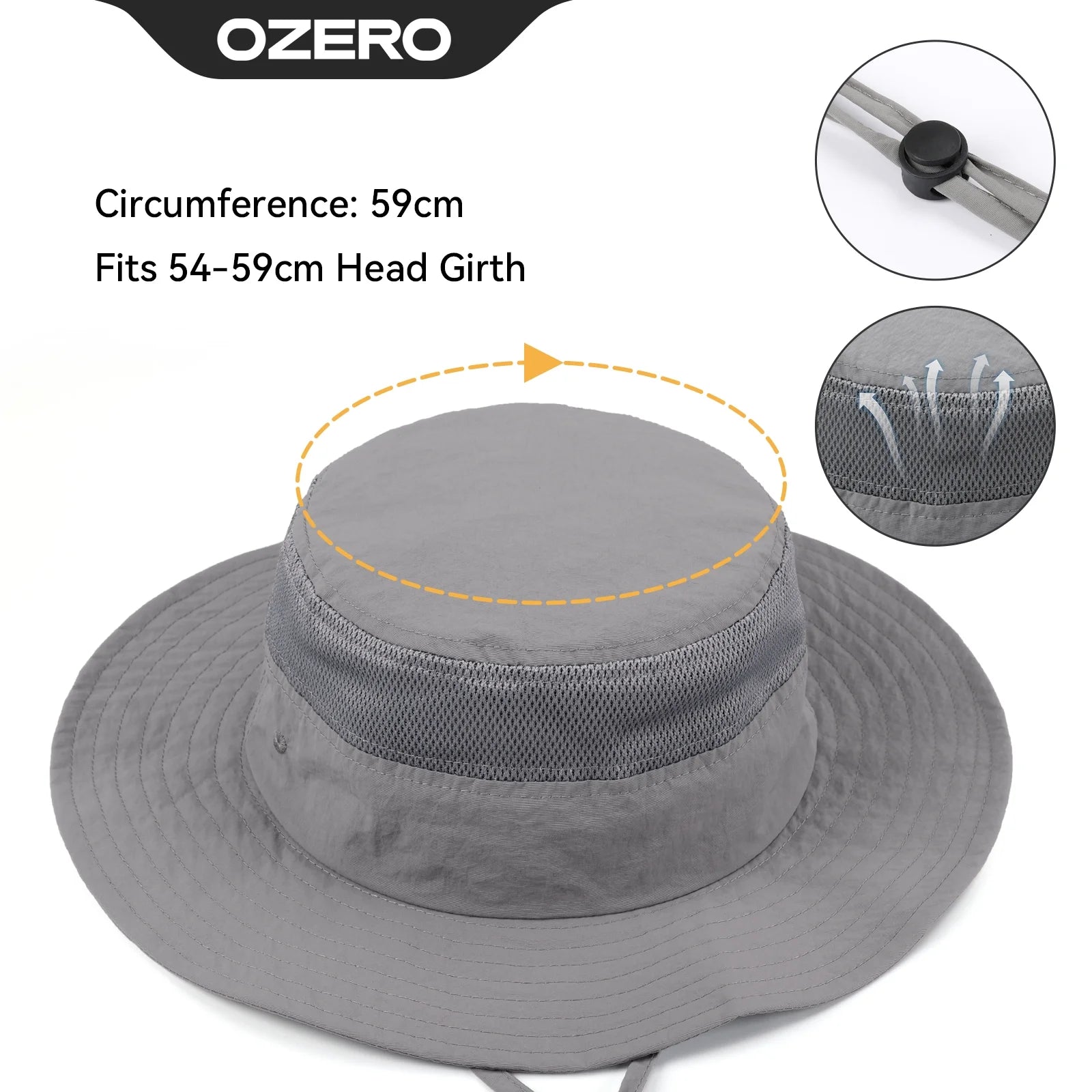 OZERO UPF 50+ sun hat in grey, lightweight and breathable with wide brim, suitable for hiking, fishing, and beach activities.