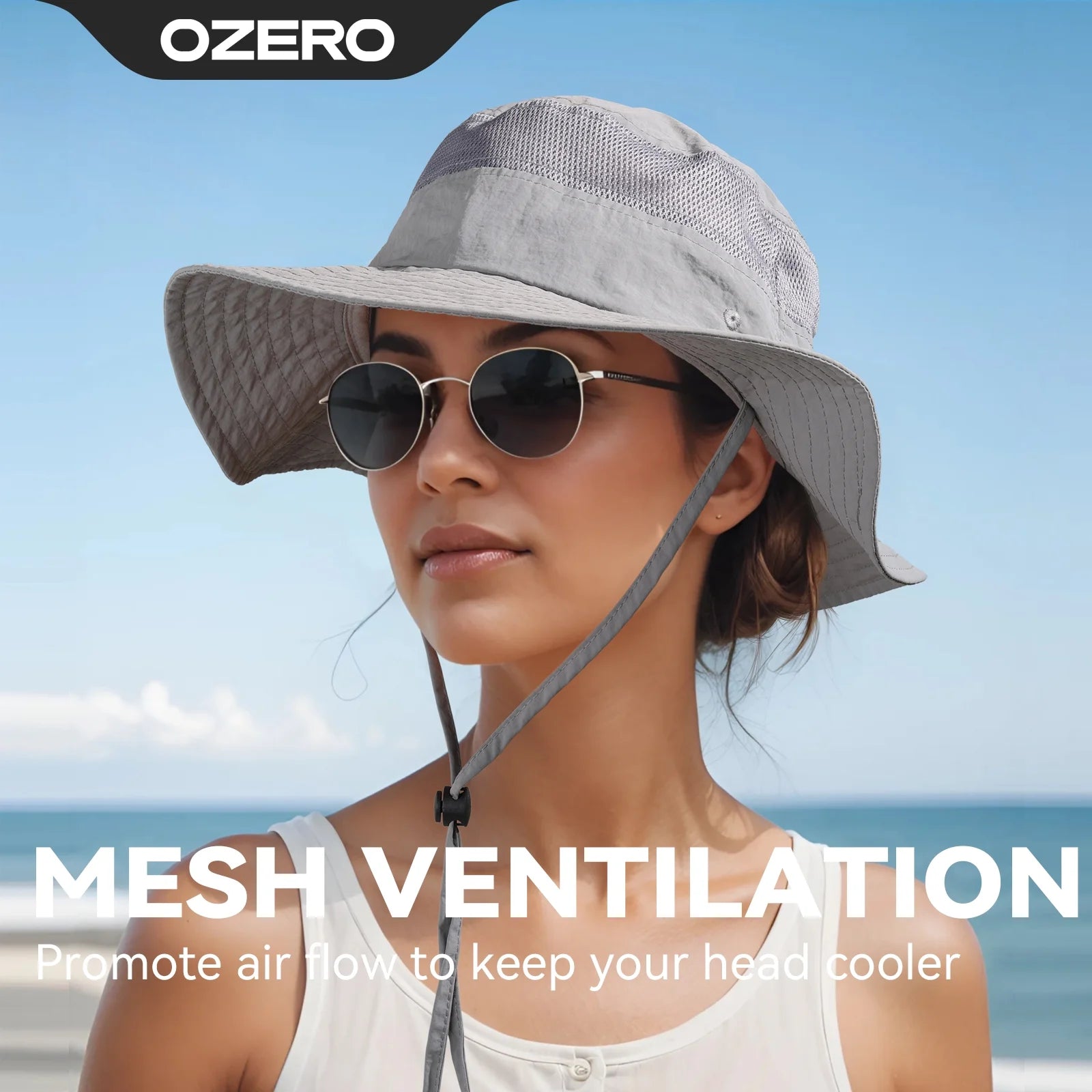 OZERO UPF 50+ sun hat in grey with wide brim, lightweight and breathable, ideal for hiking, fishing, and beach activities
