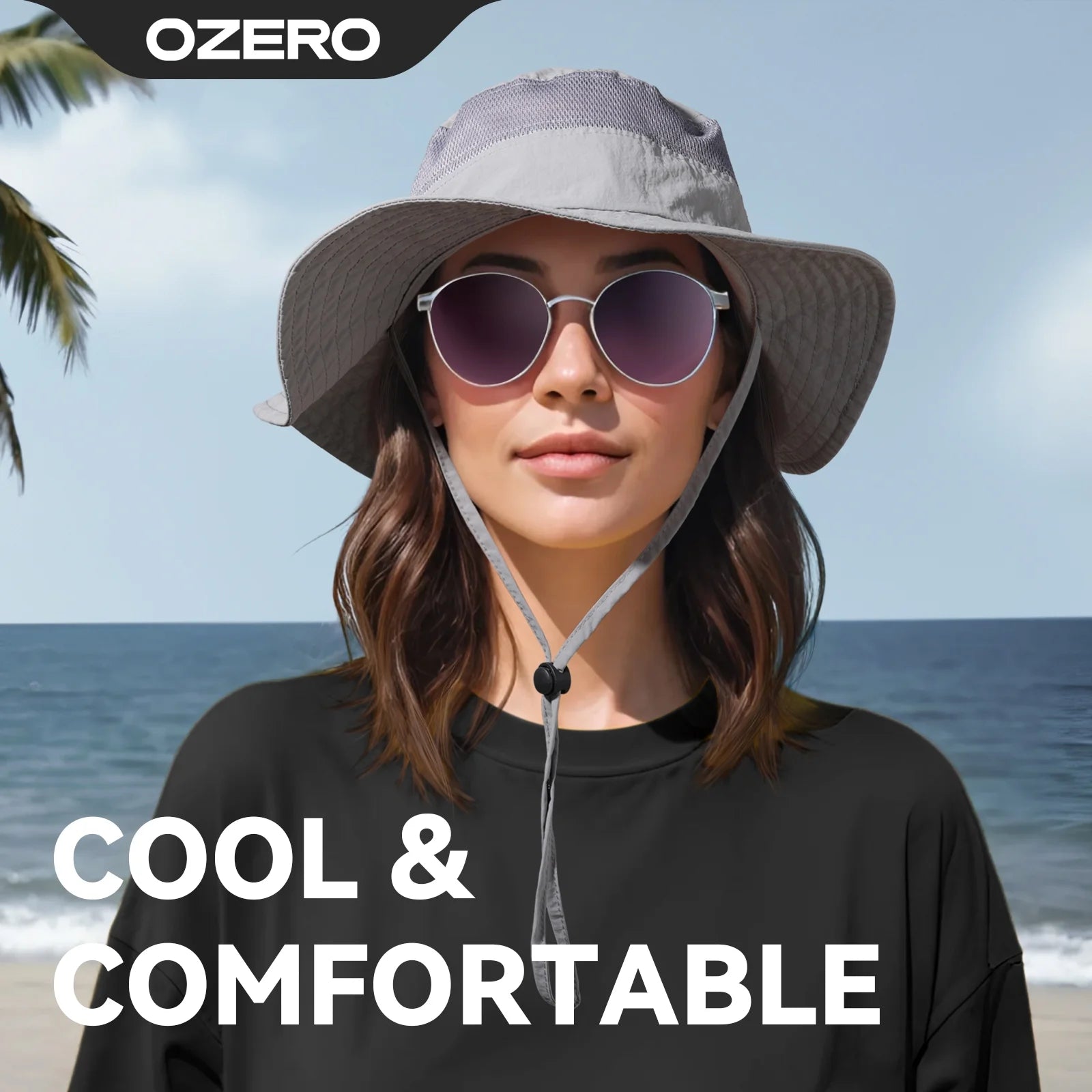 OZERO UPF 50+ sun hat in grey with a wide brim, lightweight and breathable, ideal for hiking, fishing, and beach outings.