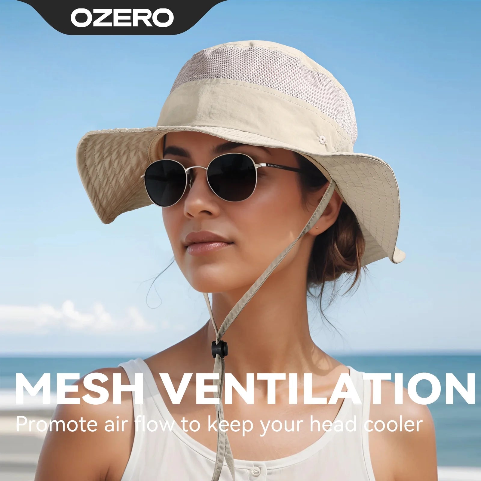 OZERO UPF 50+ sun hat in khaki with wide brim, lightweight and breathable for hiking, fishing, and beach outdoor activities.