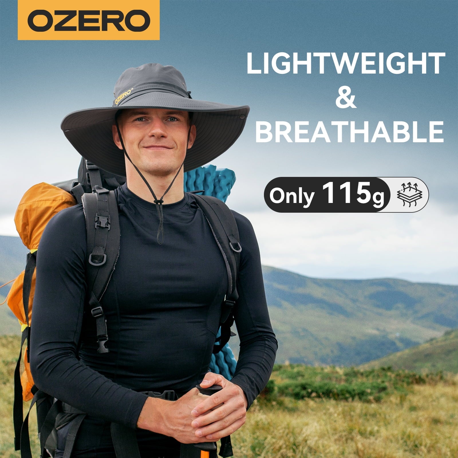 OZERO UPF 50+ wide brim sun hat for men and women, lightweight, foldable boonie hat with adjustable chin strap and wind resistance.