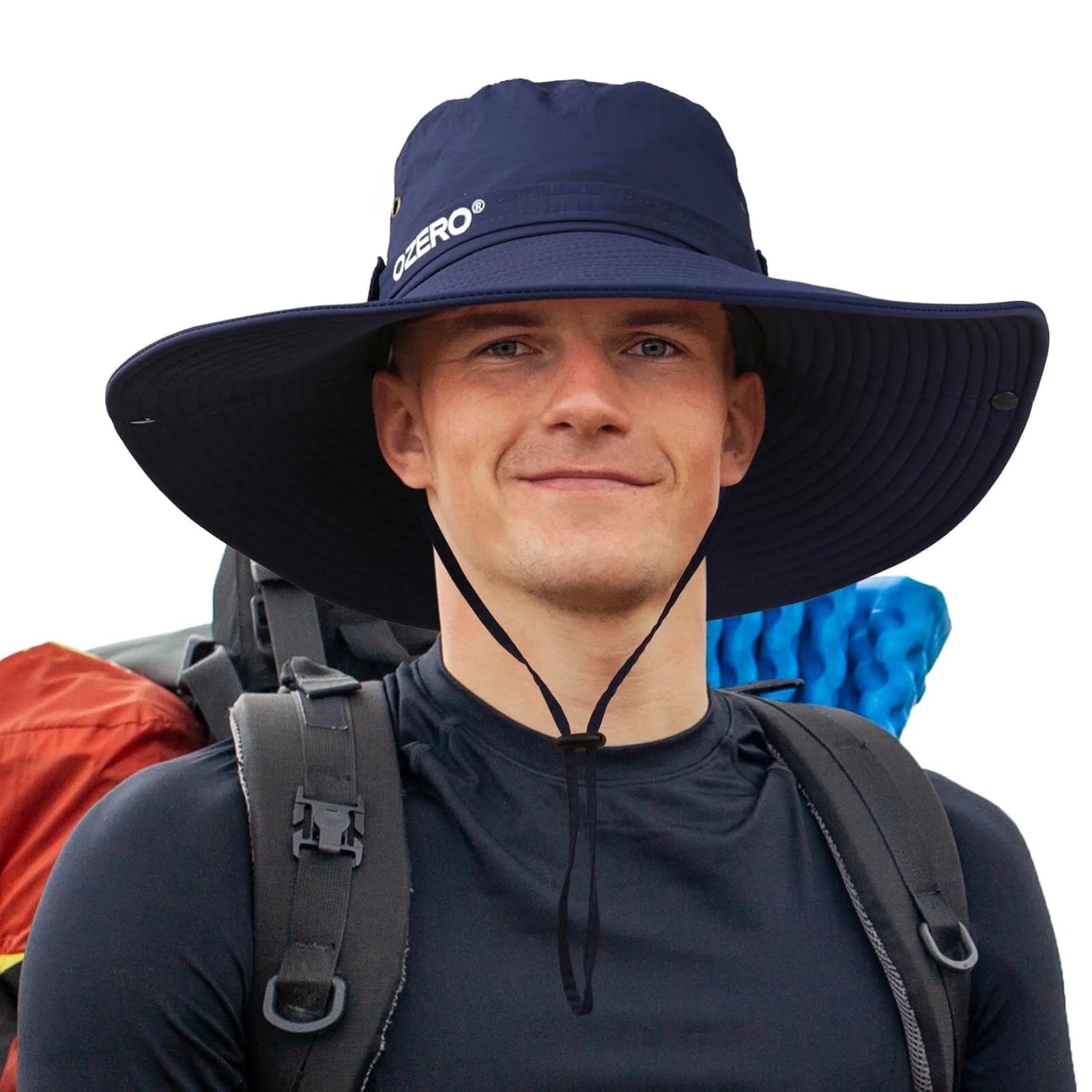 OZERO UPF 50+ sun hat with wide brim, lightweight foldable boonie style for men and women, with adjustable chin strap and wind resistance.