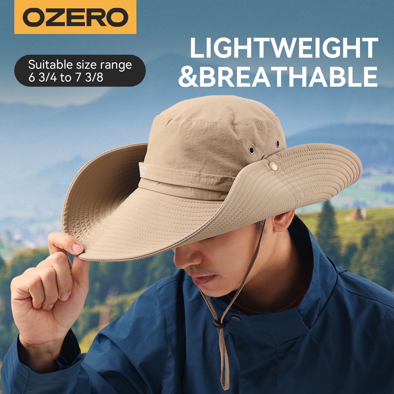 OZERO UPF 50+ sun hat with wide brim, lightweight foldable boonie style for men and women, with adjustable chin strap and wind resistance.